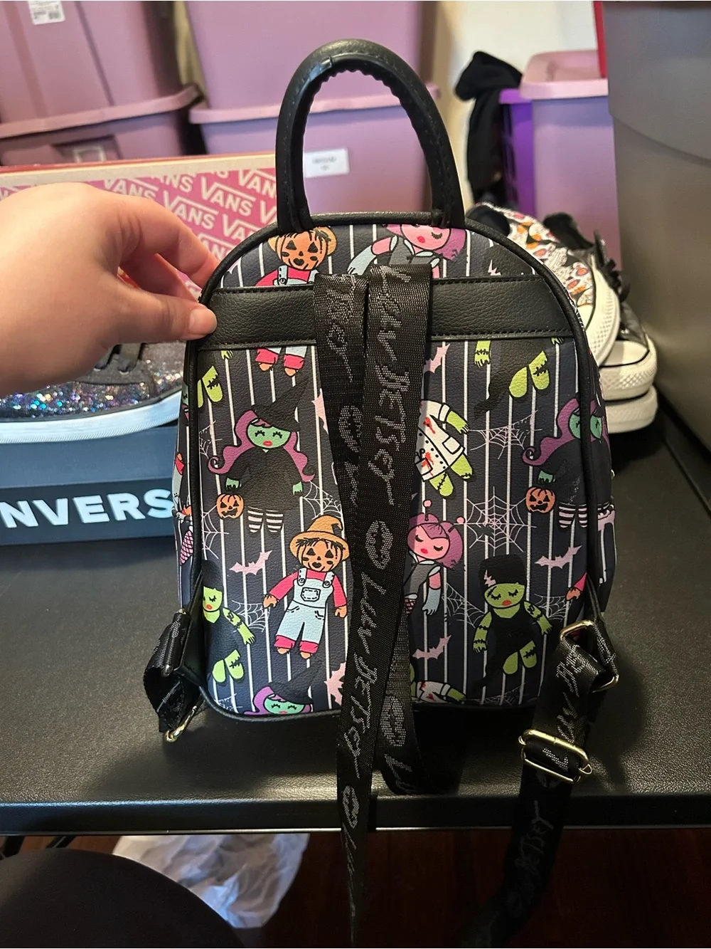 Betsey Johnson Black Mini Backpack with Neon Green & Pink Monster Print